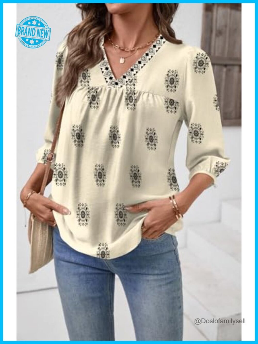 3/4 Sleeve V Neck Boho Blouse Tunic with Puff Sleeve - Picture 4 of 7